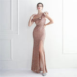 Women One Shoulder Slit Sequin Evening Dress Gold Ruffles Celebrity Maxi Dress Sexy Slash Neck Long Party Dress