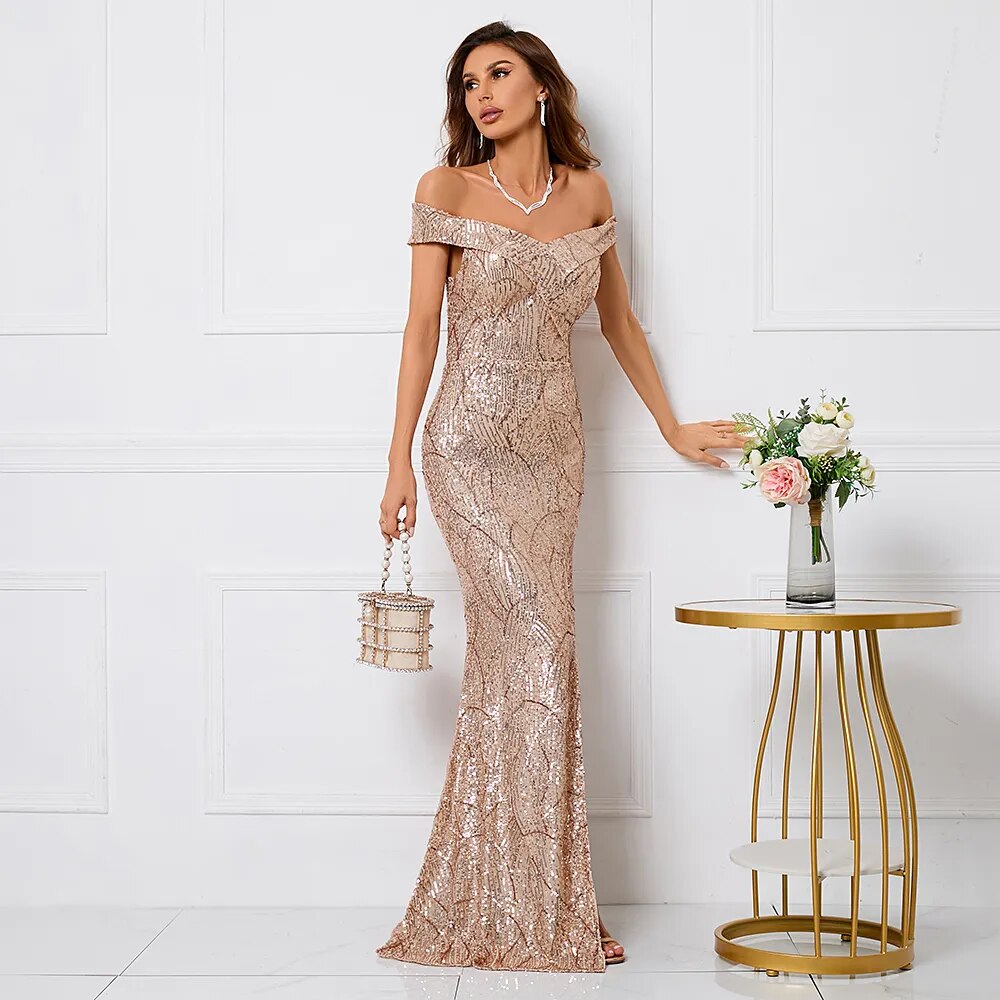 Women Sexy Slit Party Maxi Dress Off Shoulder Gold Sequin Evening Long Prom Dress