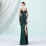 Strap V Neck Gold Sequin Sexy Slit Evening Dress Women's Party Maxi Long Prom Dress