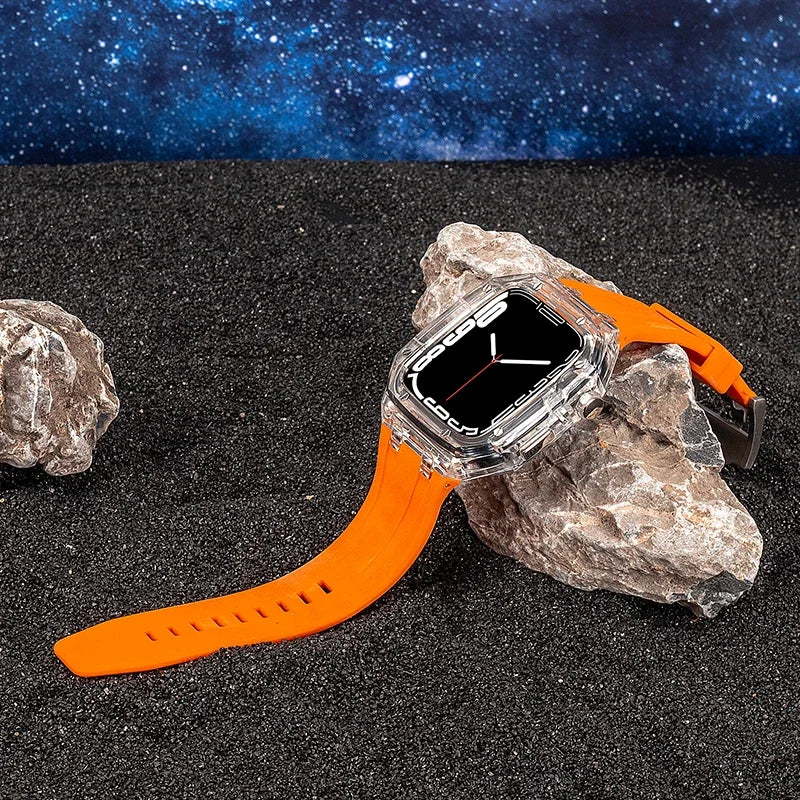 Modification Kit For Apple Watch 45mm 44mm Transparent Case & Silicone Band For iWatch Series 8 7 6 5 4 SE Rubber Sport Strap