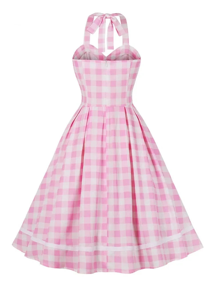 Tonval Pink Plaid Print Rockabilly Vintage Dress Prom Backless Party Women Halter Buttons Fit and Flare Pleated Dresses