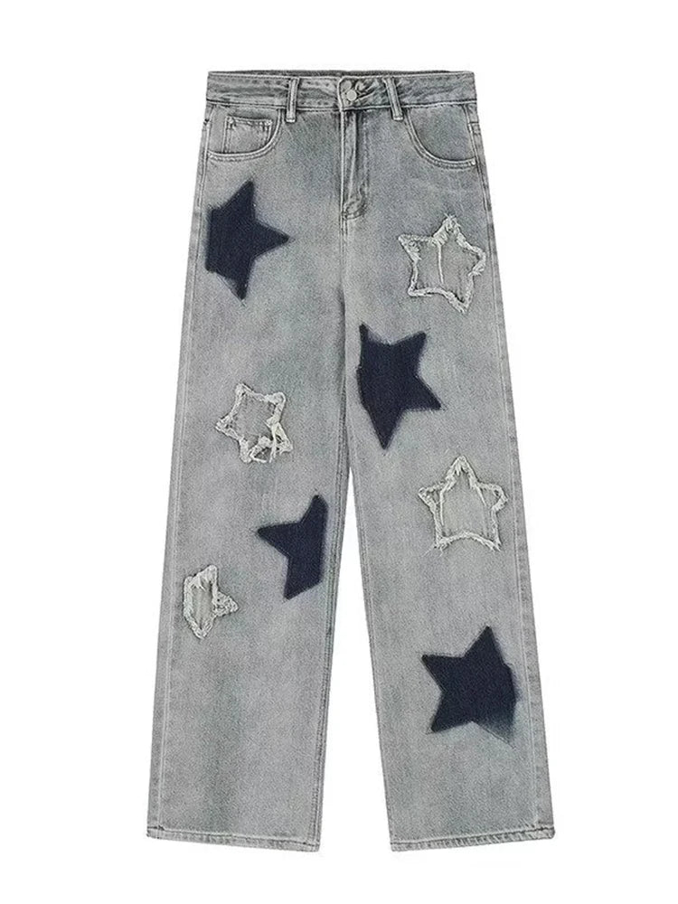 American Retro Y2K Jeans Women Star Raw Edge Splicing Loose Wide Leg Denim Pants Female Blue Embroidery Trousers