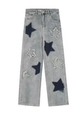 American Retro Y2K Jeans Women Star Raw Edge Splicing Loose Wide Leg Denim Pants Female Blue Embroidery Trousers