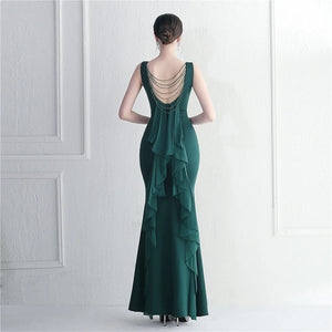 Elegant O Neck Beading Party Maxi Dress Women Long Prom Evening Dress