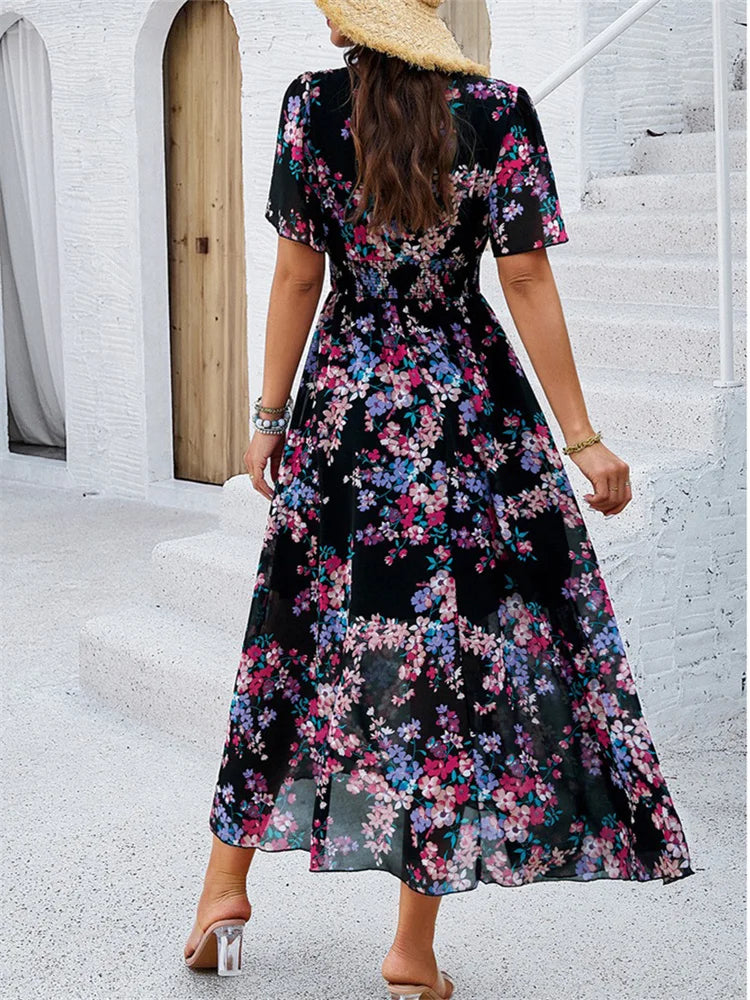2024 High Waist Chiffon Long Women Floral Summer Dress Short Sleeve V Neck Bohemian Holiday A Line Vestidos