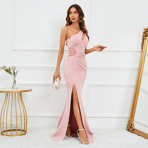 Sexy Slit Women One Shoulder Soft Satin Pleat Beading Long Evening Party Maxi Dress