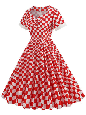 2024 Vintage Plaid Print Vintage Short Summer Casual Dress for Women Elegant V Neck A Line Swing Rockabilly Cocktail Party Dress
