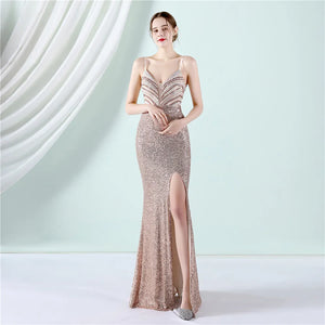Strap V Neck Gold Sequin Sexy Slit Evening Dress Women's Party Maxi Long Prom Dress