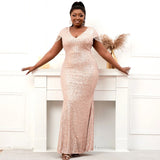Plus Size New Women Gold Sequin Evening Dress Elegant V Neck Beading Party Maxi Dress Long Prom Dress