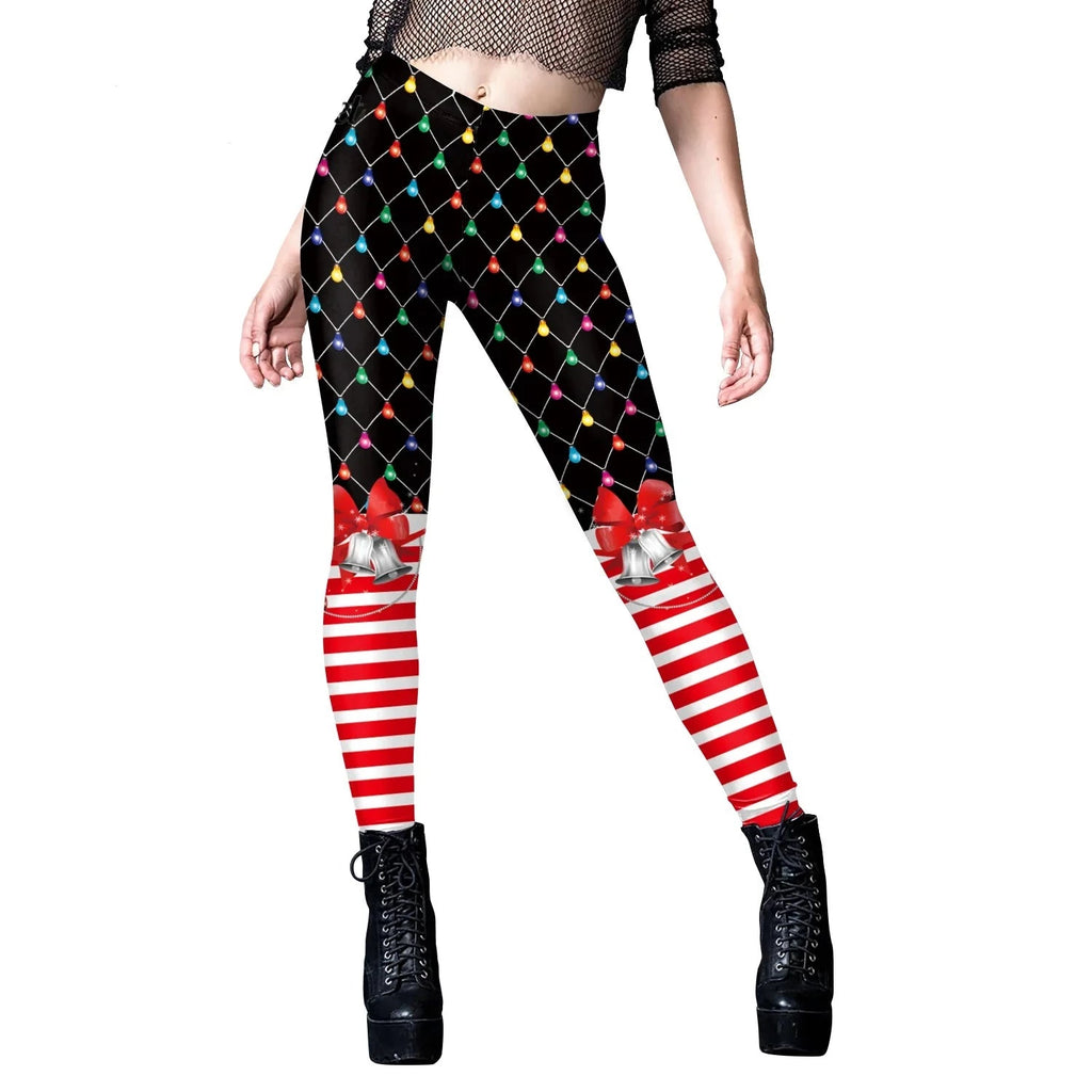 Women Christmas Belt Leggings Autumn Winter Festival Santa Claus Print Skinny Pants High Waist Trousers