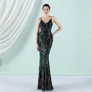 Women Strap V Neck Green Sequin Evening Dress Sexy Party Maxi Long Prom Dress
