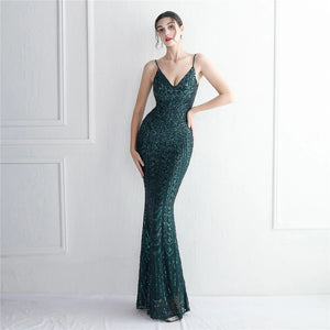 Women Green Sequin Strap Party Maxi Dress Sexy V Neck Evening Dress Long Prom Dress