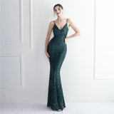 Women Green Sequin Strap Party Maxi Dress Sexy V Neck Evening Dress Long Prom Dress