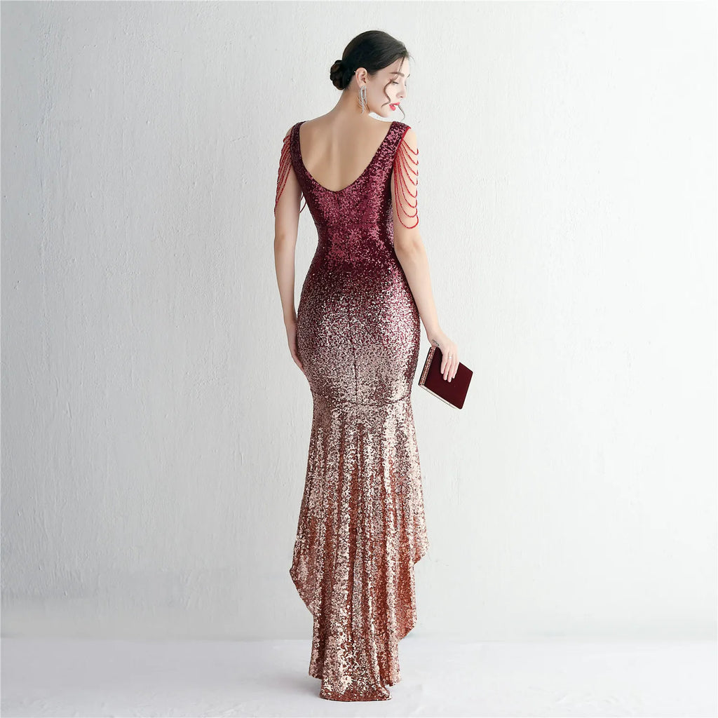 Women Beading Prom V Neck Navy Sequin Evening Sexy Party Maxi Dress