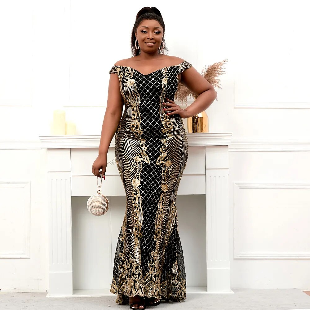 Plus Size Women Off Shoulder Black Gold Sequin Evening Dress Elegant Boat Neck Party Maxi Dress Long Prom Dress