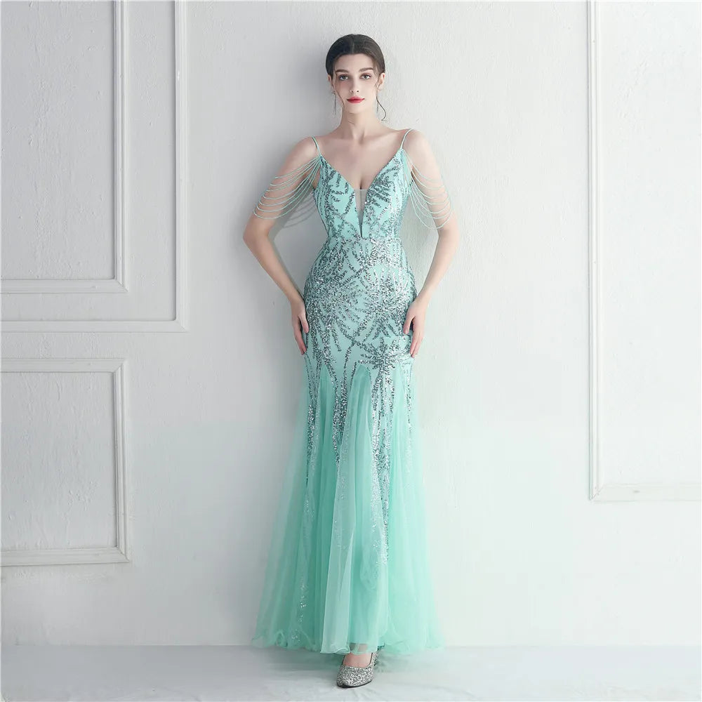 Women Purple Sequin Mesh Evening Dress Sexy Strap Beading Party Maxi Long Prom Dress