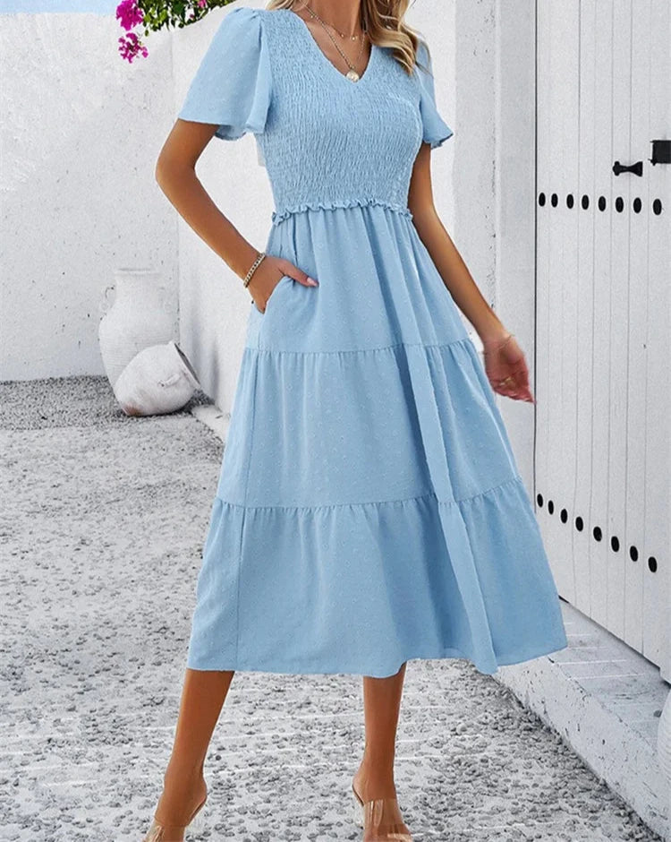 2024 Summer Solid Casual A Line Runway Dress for Women Elegent V Neck Vintage Style Female Office Swing Sundress