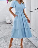 2024 Summer Solid Casual A Line Runway Dress for Women Elegent V Neck Vintage Style Female Office Swing Sundress