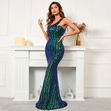 Women Sexy Slash Neck Party Maxi Dress One Shoulder Green Sequin Evening Dress Long Prom Dress