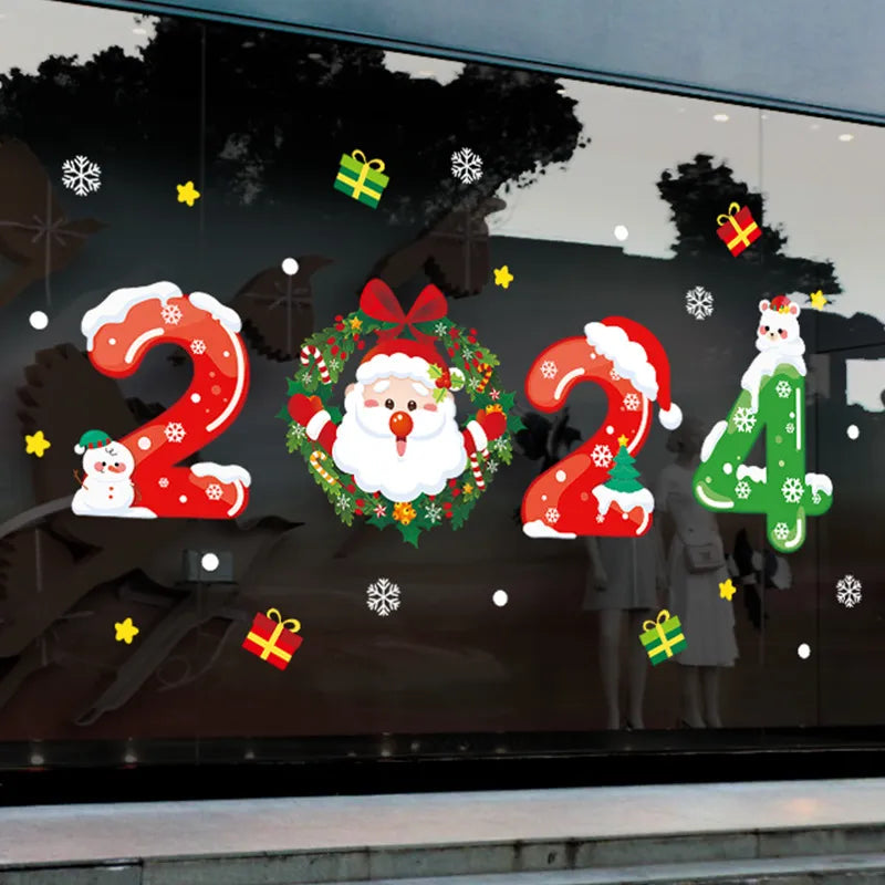 2024 Merry Christmas Window Sticker Snowflake Santa Claus Elk Xmas Wall Sticker Decorations New Year Gift