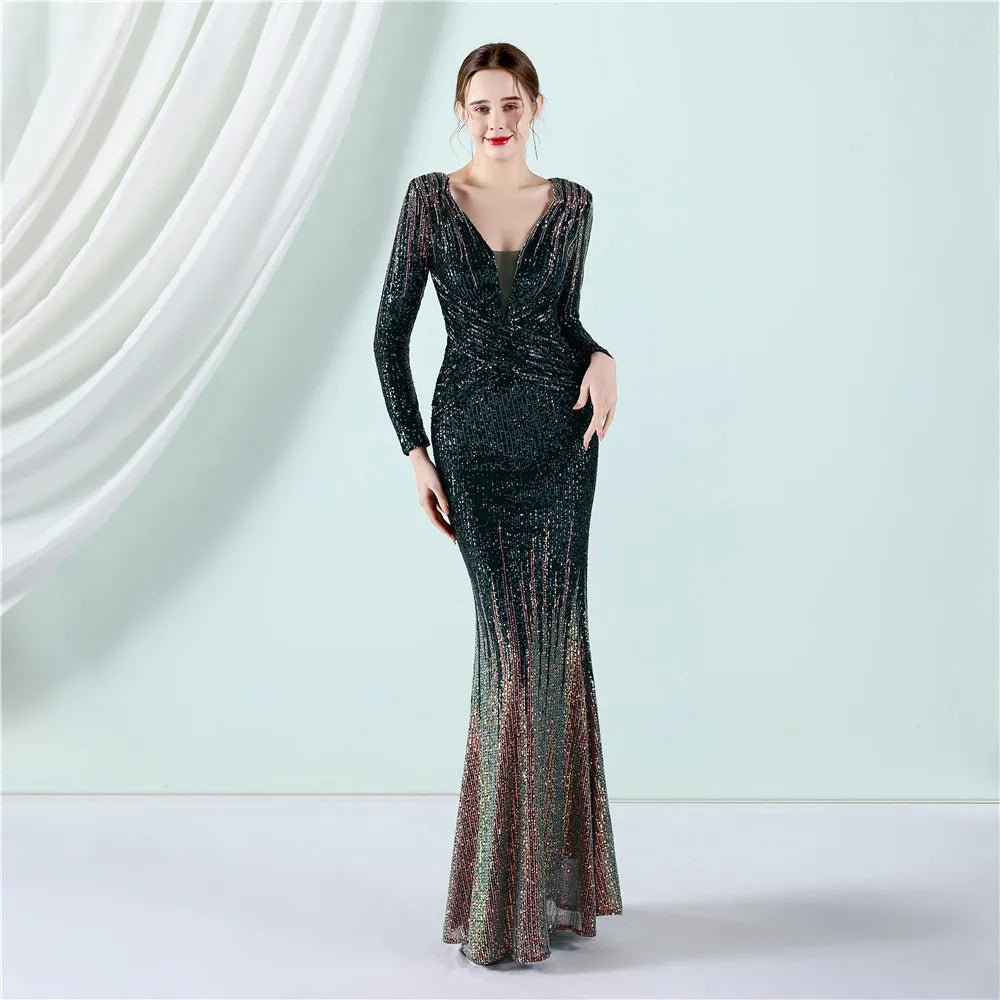 Stretch Navy Sequined Maxi Dress Full Sleeve V Neck Mermaid Evening Night Long Party Prom Dress