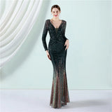 Stretch Navy Sequined Maxi Dress Full Sleeve V Neck Mermaid Evening Night Long Party Prom Dress