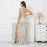 Sexy Slit Sequin Party Maxi Dress Women Long Prom Dress V Neck Beading Evening Dress