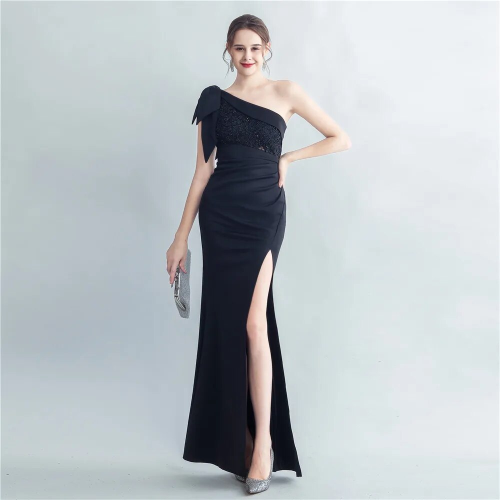 Slash Neck Appliques Party Maxi Dress Women Sexy Slit Long Evening Dress