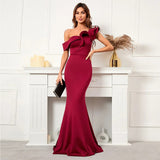 Women Burgundy Evening Slash Neck Ruffles Celebrity Party Maxi Dress Sexy Long Dress