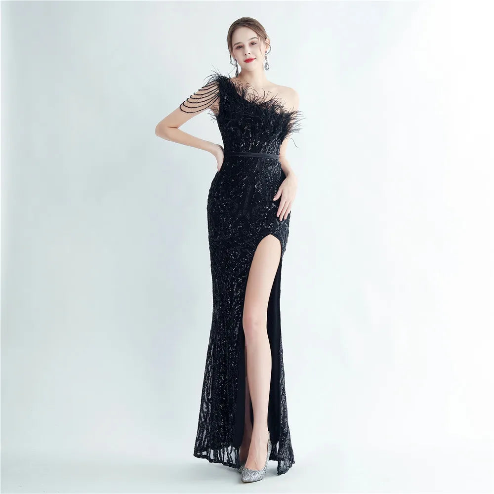 Elegant Slash Neck Feather Sequin Evening Dress Women Beading Long Par   jetechband