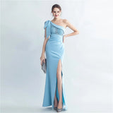 Slash Neck Appliques Party Maxi Dress Women Sexy Slit Long Evening Dress