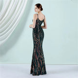 Women Strap V Neck Green Sequin Evening Dress Sexy Party Maxi Long Prom Dress