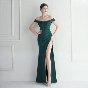 Off Shoulder Slash Nech Green Maxi Dress Women Sexy Slit Long Prom Evening Dress