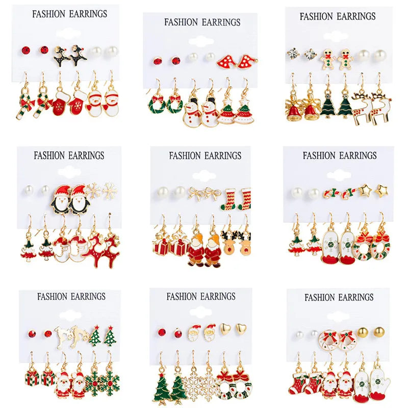 6 pairs Christmas Stud Earrings Xmas Tree Brown Elk Snowman Santa Claus Cute Earrings Gifts