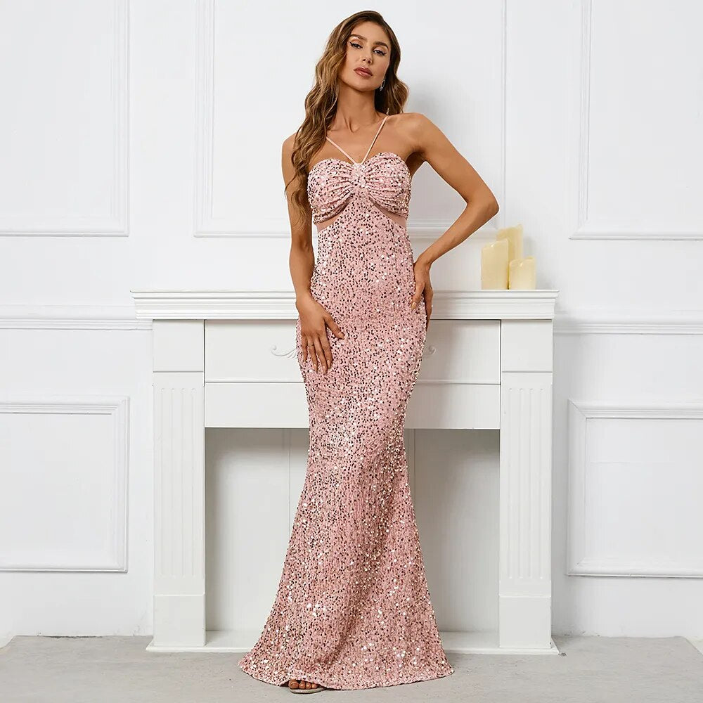 Backless Pink Sequin Sexy Bar Long Party Evening Dresses Luxury Velvet Stretch Off Shoulder Cocktail Prom Dress