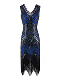 1920s Party Women Flapper Dress V-Neck Sleeveless Sequin and Beaded High Waist Evening Cocktail Midi Dresses