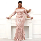 Full Sleeve Stretch Gold Sequin Evening Dress Elegant Off Shoulder Party Maxi Dress Long Prom Dress