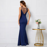 Navy Blue Soft Satin Backless Appliques Beading Long Evening Elegant Party Maxi Dress Long Bridesmaid Dress