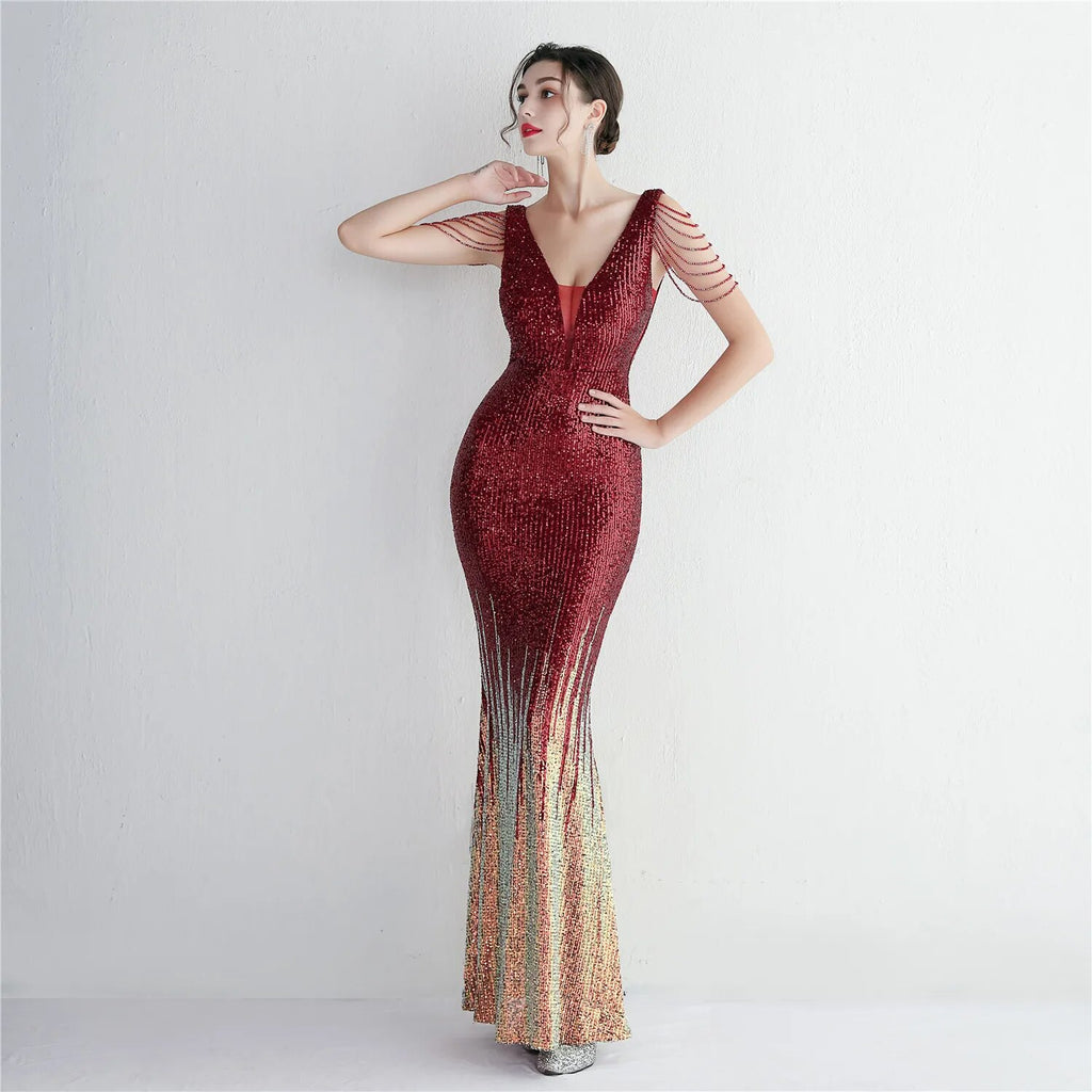 Women Beading Long Prom Dress Deep V Neck Burgundy Sequin Evening Sexy Party Maxi Dress