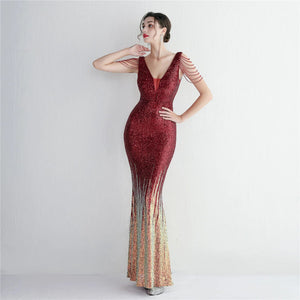Women Beading Long Prom Dress Deep V Neck Burgundy Sequin Evening Sexy Party Maxi Dress