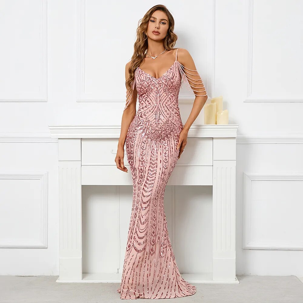 Women Pink Sequin Strap Beading Party Maxi Dress Sexy V Neck Evening Long Prom Dress