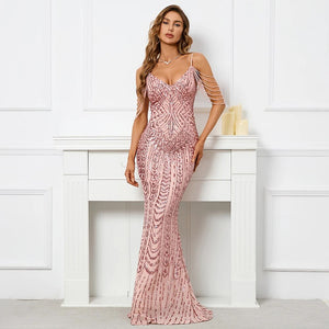 Women Pink Sequin Strap Beading Party Maxi Dress Sexy V Neck Evening Dress Long Prom Dress