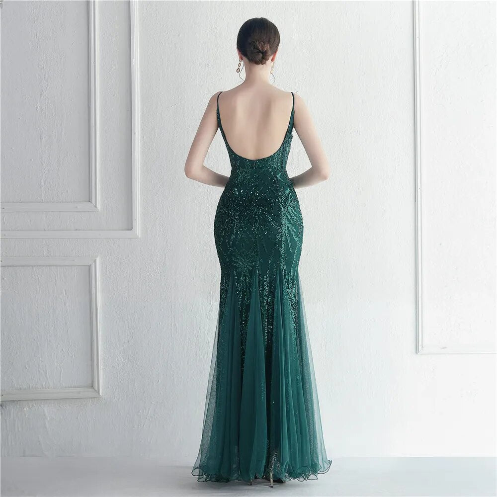 Women Gold Sequin Strap Party Maxi Dress Sexy V Neck Evening Long Prom Dress