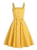 Yellow 50s Pinup Vintage Button Front Polka Dot Summer Tank Dresses Women Evening Party Belted Cotton Midi Dress