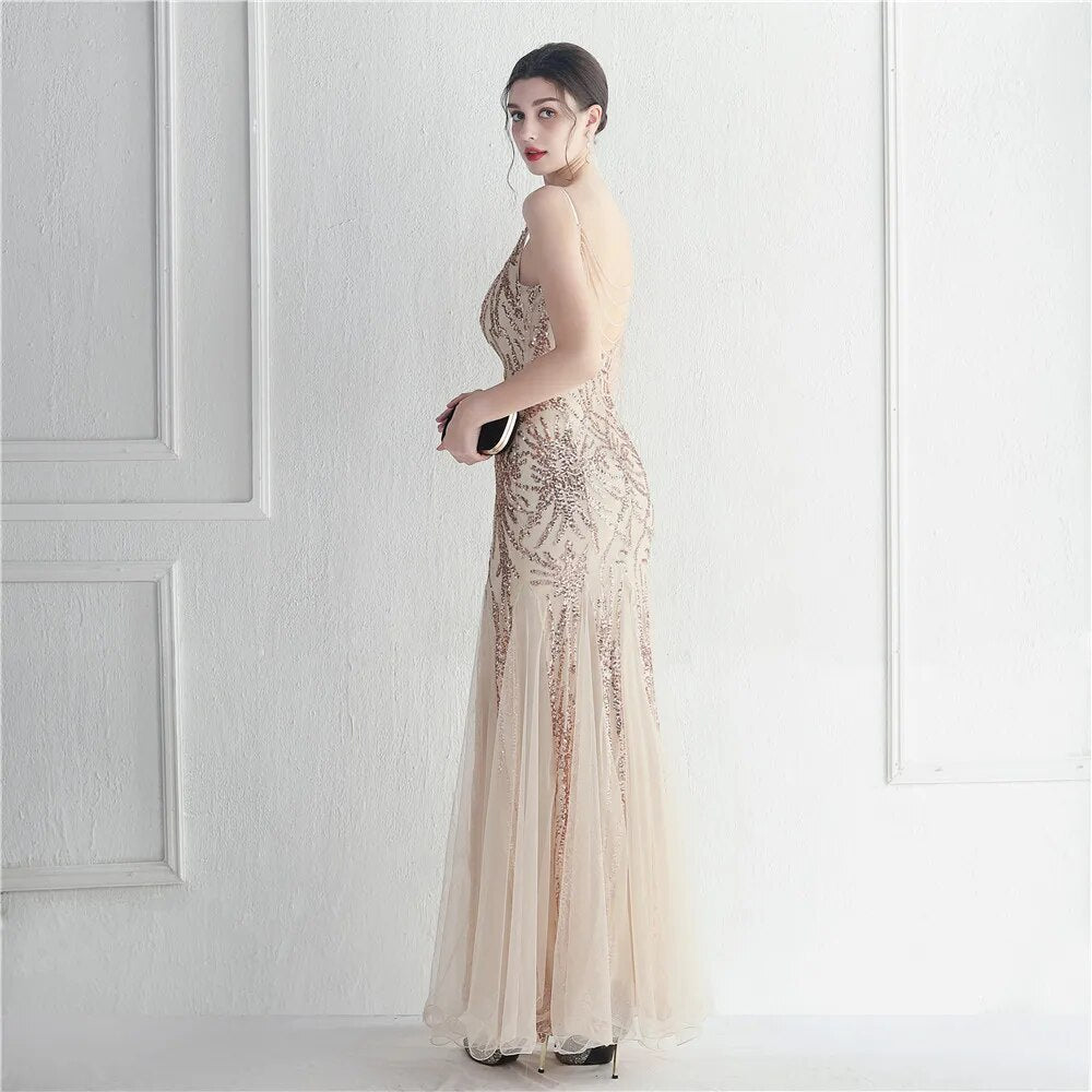Women Gold Sequin Dress Strap Beading Party Maxi Dress Sexy V Neck Evening Dress Long Prom Dress