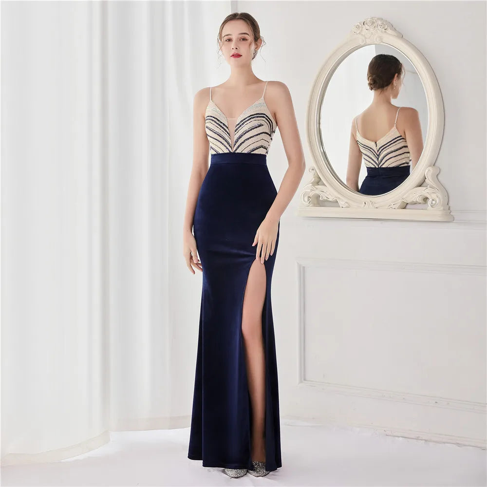 Strap Velour Sexy Slit Sequin Evening Dress Women's Party Maxi Dress Long Prom Dress