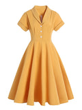 Turn Down Collar Button Up Yellow Elegant Women Summer Dress 1950S Vintage Style Ladies Solid Midi Swing Dresses