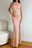 Off Shoulder Long Beading Gold Sequin Dress Sexy Slit Party Women Evening Dress
