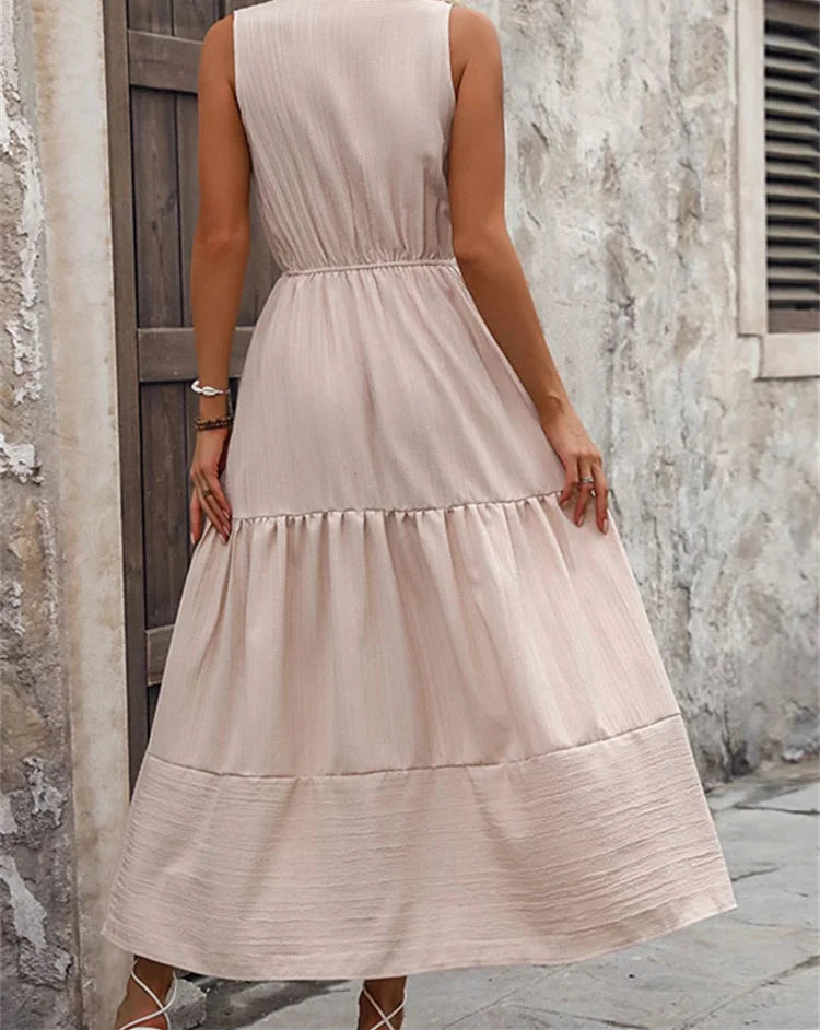 2024 Summer Solid Vintage Casual A Line Flare Women's Dress Elegant Sleevless V Neck Comfortable Loose Midi Long Dresses