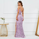 Women Purple Sequin Strap Beading Party Maxi Dress Sexy Slit Evening Long Prom Dress